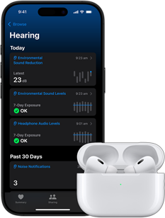 AirPods Pro in charging case next to iPhone displaying a hearing health screen