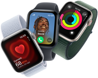 Heart rate monitoring, incoming call and activity rings on three Apple Watch devices