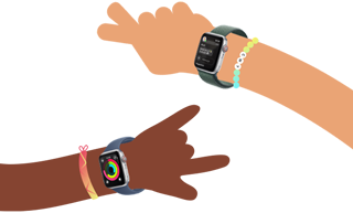 Activity rings on Apple Watch SE, worn on a cartoon child’s arm. Messages app on Apple Watch SE, worn on a cartoon child’s arm