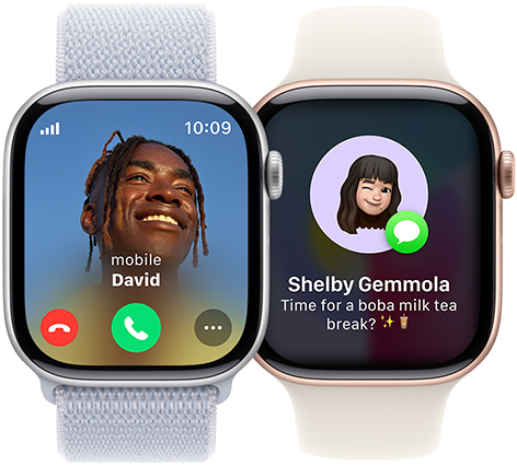 An incoming call on an AppleWatch Series10 and an incoming text on another AppleWatch Series10