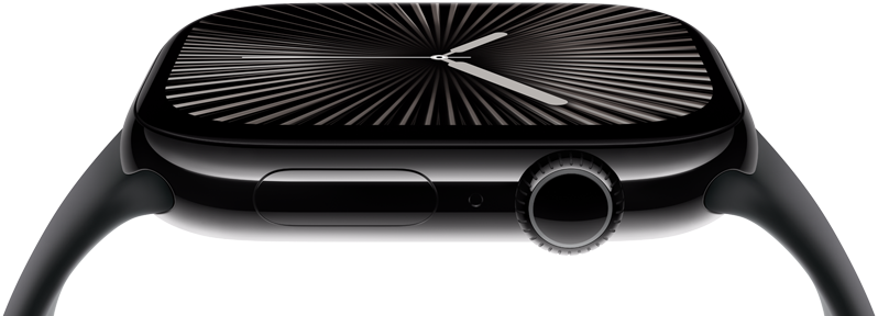 The screen and digital crown of an AppleWatch Series10 seen from the side. The watch tilts sideways to show more of the screen