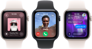 Three Apple Watch SE 3 devices next to each other, one showing the Apple Music app, one showing an incoming phone call and one showing an iMessage exchange