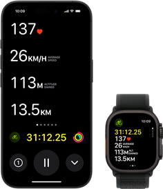 Live Activity showing a person’s biking metrics on both their Ultra 2 and their iPhone