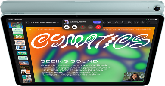 iPad Air, Blue colour, top exterior, screen showing Keynote app on screen sharing feature during FaceTime video call, back exterior, 12MP Wide back camera, volume-up button, volume-down button
