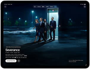 iPad Air, front exterior, screen displays Severance on Apple TV app
