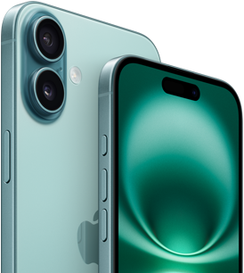 iPhone 16 Plus and iPhone 16, Action button, volume buttons, Side button, front exterior all-screen design, Dynamic Island centred near top, back exterior, Teal finish, raised Advanced dual-camera system in top left corner, Apple logo in centre