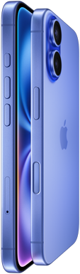 Two iPhone 16 devices, side exterior, stacked facing each other in Ultramarine finishes, volume buttons, Action button, Side button, Camera Control button, Apple logo in centre, raised Advanced dual-camera system