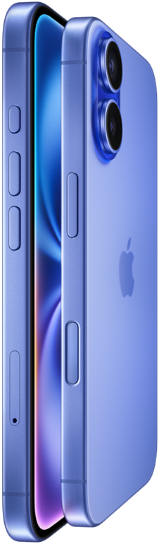 Two iPhone 16 devices, side exterior, stacked facing each other in Ultramarine finishes, volume buttons, Action button, Side button, Camera Control button, Apple logo in centre, raised Advanced dual-camera system