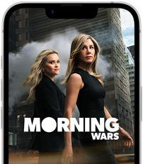 iPhone 17e front screen showing the Apple TV series Morning Wars