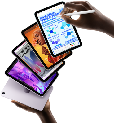 Five iPad mini models are shown in a fan formation held by a user's hands. One model shows the back camera, the other four are front facing. Apple Pencil Pro is being used to take notes